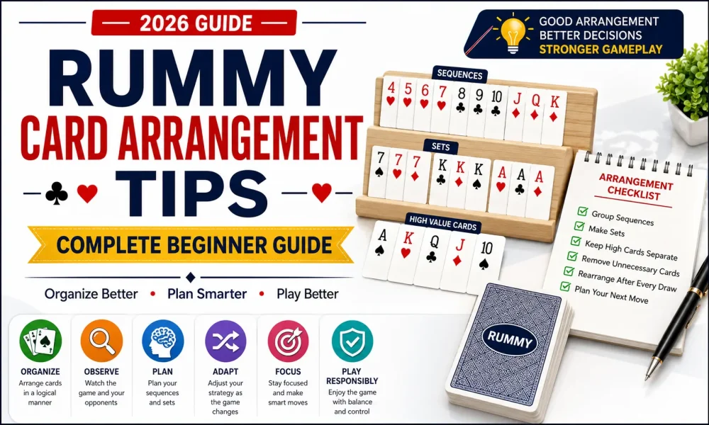 Rummy card arrangement tips showing organized cards and beginner-friendly strategy guide
