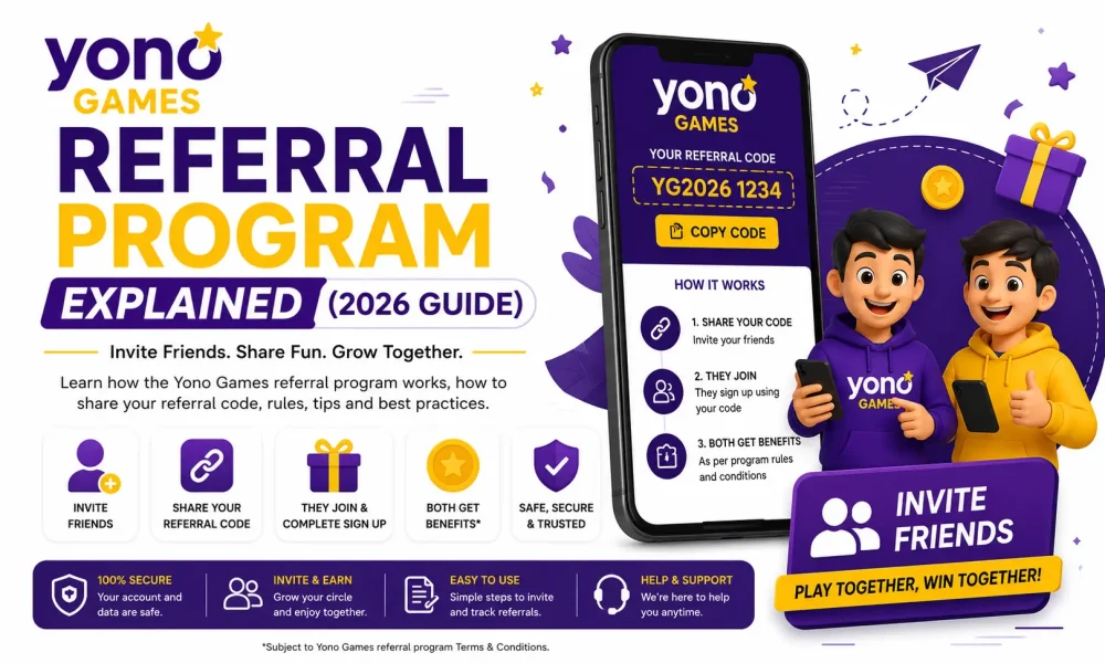 Yono Games Referral Program guide showing referral code sharing, account security, and safe invitation practices.